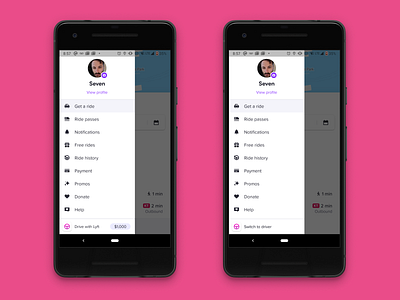 Lyft Driver Self-referral Navdrawer Row android design drive driver driver app drivers lyft mobile nav navigation navigation drawer referral referrals ux