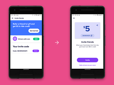 Lyft Referral Redesign android design invite lyft material mobile money refer referee referral referrals rider ui ux