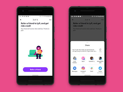 Lyft Android Auth Intention Flow Referral Screen android authentication lyft mobile mobile design money new refer referral referrals rideshare share sign up ux