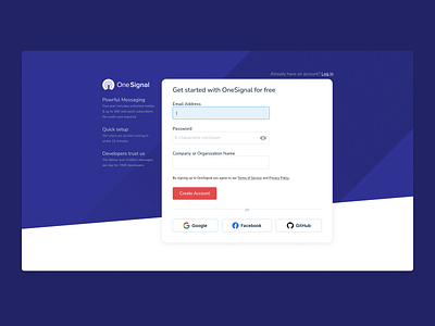 OneSignal Sign Up UI Refresh auth authentication create account facebook fb github google log in notification notifications onesignal sign in sign up ui