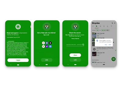 Sprocket Android Onboarding w Referrals android bicycle bike cosmic free green location material onboarding overlay prompt refer referral sale sign in sign up sprocket terms terms of service tos