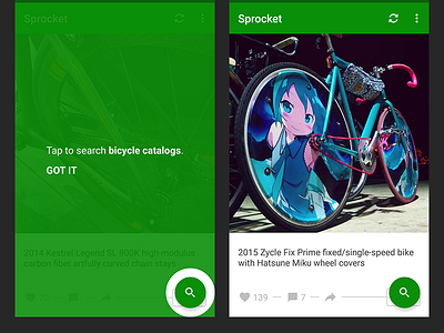 Sprocket 1.3.1 FAB Tutorial action android app bicycle bicycle app fab green overlay search sprocket sprocket blog tutorial