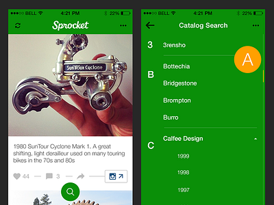 Sprocket iOS 1.1 Feed/Search app bicycle brand catalog fab green home ios scroll search sprocket tooltip