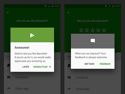 Sprocket AND 1.3.3 OS Consistent Dialogs android consistent dialog easy feedback google play lollipop maintainable marshmellow rate sprocket