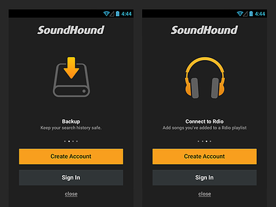 SoundHound Android Registration Carousel account android carousel create dark grey music orange registration sign in soundhound value