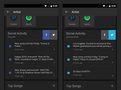 SoundHound Artist Social Activity Card android facebook google id identify ios music social song soundhound twitter ux