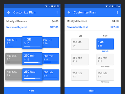 ItsON Upgrade/Downgrade Plan Carousel Android android app blue brand branding color data design layout material ui ux