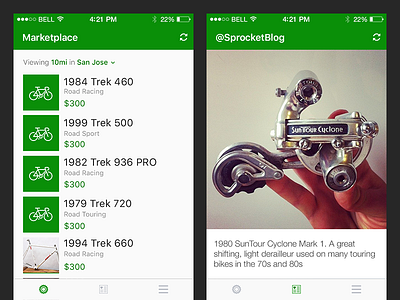 Sprocket iOS 1.1.1 Tab Bar Fix app bicycle design fix green icon instagram ios iphone marketing sprocket ui