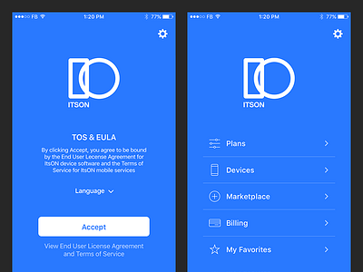 ItsON iOS SAAS Auth UX & Branding account app blue data flat home ios iphone mobile simple store tos
