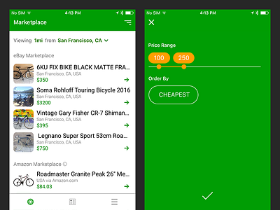 Sprocket iOS 1.1.3 Kickstarter Filter bicycle green icon ios iphone marketplace modal price range store ui ux