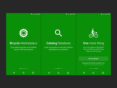 Sprocket Android 1.4.4 Tutorial Carousel android bicycle bike carousel green legal material onboarding privacy policy swipe terms of service tutorial