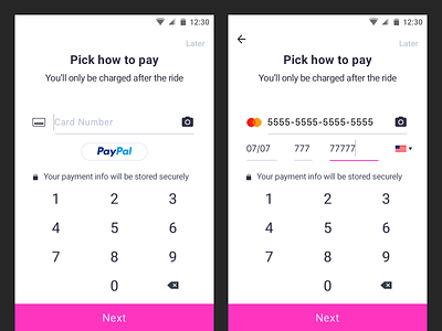 Lyft Android 5.18.3 Sign Up: Descriptive Payment android auth copy design log in lyft mobile phone pink rideshare sign up verify