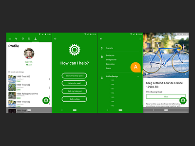 Sprocket Android 1.5.27 Bike Database Flow android assistant bicycle bike database green info material specifications sprocket ui ux