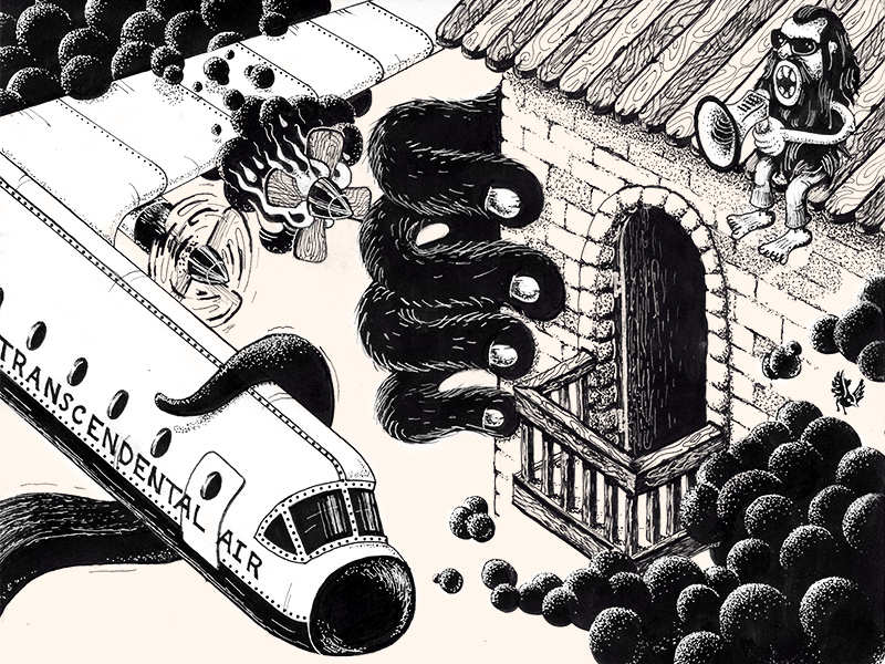 Sketchbook snippet illustration black and white greyscale fur tentacle cloud plane hand drawn pen