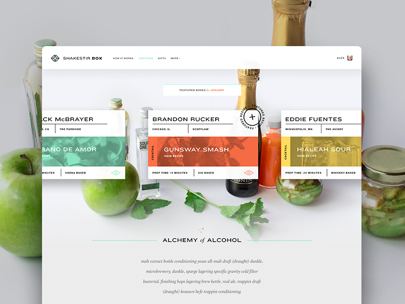 Alchemy of Alcohol web branding alcohol interface typography teal orange yellow alex sheyn website