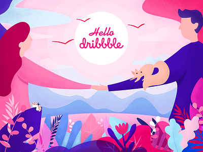Hello Dribbble! beetles couples design first first shot hello hello dribbble illustration nature pink plants squirrel