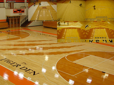 Warsaw Community High School "Tiger Den" basketball claws floor gym orange tiger wood