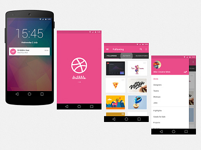 Dribbble App Concept android app dribbble grid material notification side menu splash