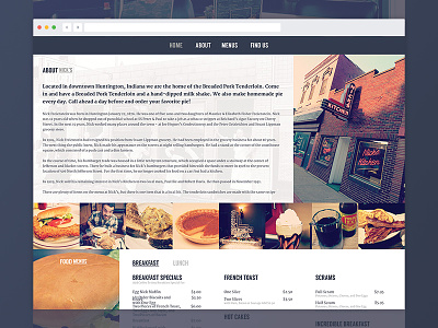 Nick's Kitchen Website about burgers desktop food indiana menu pie responsive restaurant shakes shirts tenderloin