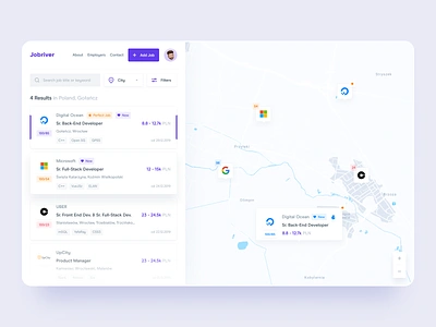 Find Job Web App - Dashboard UI card design dashboard dashboard app dashboard ui filter job board job dashboard job listing map map dashboard results search bar ui web app web application