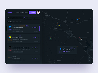 Find Job Web App - Dark Theme clean dark app dark blue dark mode dark theme dark ui dashboard dashboard app dashboard design dashboard template dashboard ui list list view ui web app web design