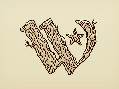 W tree alphabet illustration lettering star tan texture tree type w waco wood