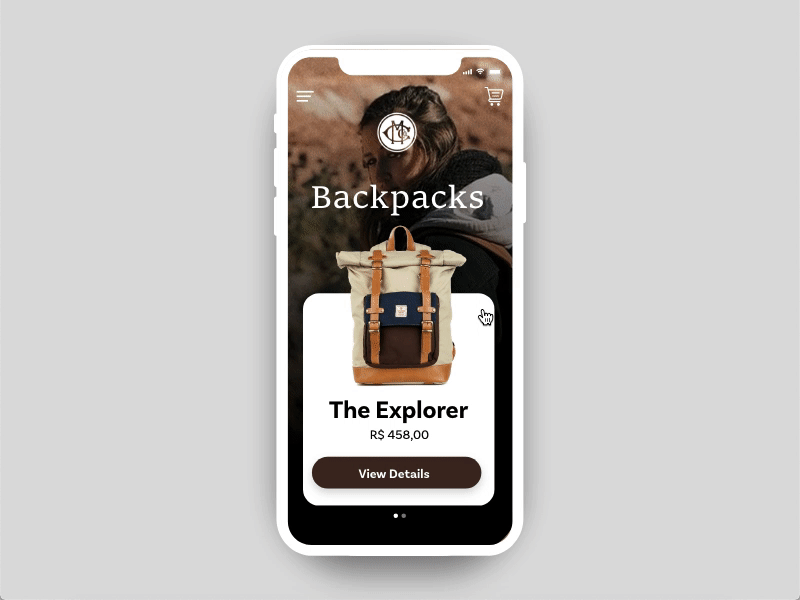 Cutterman backpaks app application backpacks brasil brazil camping canada canadian concept ecommerce information architecture ios madewithadobexd micro animation micro interactions mobile shop app ui ux