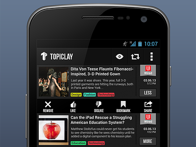 Topiclay - News Feeder android articles color coded dark expand feeder list news rss siii topics ui ux