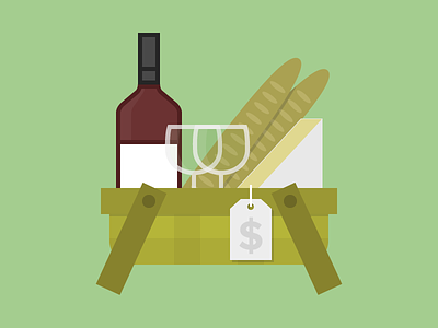 Picnic basket bread cheese gift illustration price tag vector wine