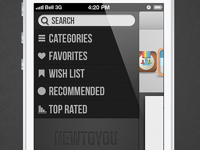 3 Sidenav app bebas nueu categories favorite gray ios monochromatic new recommended search side navigation slide top rated wish list