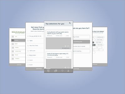 Wireframes for acontent curation app