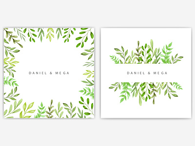 Green leaves and branches frame watercolor illustration