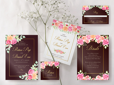 brown watercolor floral wedding card concept