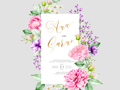 wedding invitation card with watercolor floral and leaves bouquet card celebration decoration design elegant floral frame greenery illustration invitation invite leaf nature set spring summer vector watercolor wedding