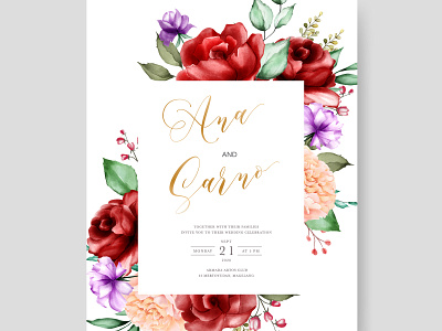 wedding invitation card with watercolor floral and leaves bouquet card celebration decoration design elegant floral frame greenery illustration invitation invite leaf nature set spring summer vector watercolor wedding