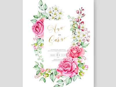 wedding invitation card with watercolor floral and leaves bouquet card celebration decoration design elegant floral frame greenery illustration invitation invite leaf nature set spring summer vector watercolor wedding