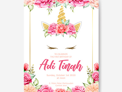 cute unicorn with floral wreath and gold glitter baby background birthday cute design fairy fairytale floral flower girl glitter gold illustration isolated magic pink print sweet unicorn vector