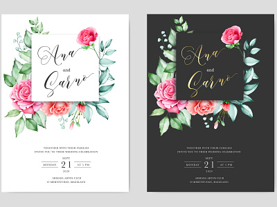 wedding invitation card with watercolor floral and leaves