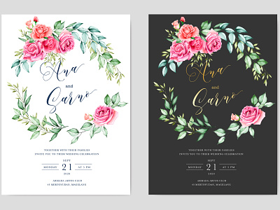 wedding invitation card with watercolor floral and leaves bouquet card celebration decoration design elegant floral frame greenery illustration invitation invite leaf nature set spring summer vector watercolor wedding