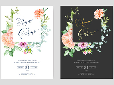 wedding invitation card with watercolor floral and leaves bouquet card celebration decoration design elegant floral frame greenery illustration invitation invite leaf nature set spring summer vector watercolor wedding