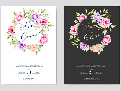 wedding invitation card with watercolor floral and leaves bouquet card celebration decoration design elegant floral frame greenery illustration invitation invite leaf nature set spring summer vector watercolor wedding