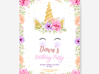 cute unicorn with floral wreath and gold glitter baby background birthday cute design fairy fairytale floral flower girl glitter gold illustration isolated magic pink print sweet unicorn vector