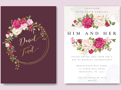 beautiful maroon roses invitation card template beautiful border bouquet card decoration decorative design elegant floral frame greenery illustration invitation invite leaf plant romantic vector watercolor wedding