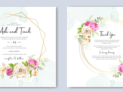 wedding invitation card with beautiful flowers and leaves