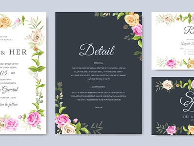 wedding invitation card with beautiful flowers and leaves