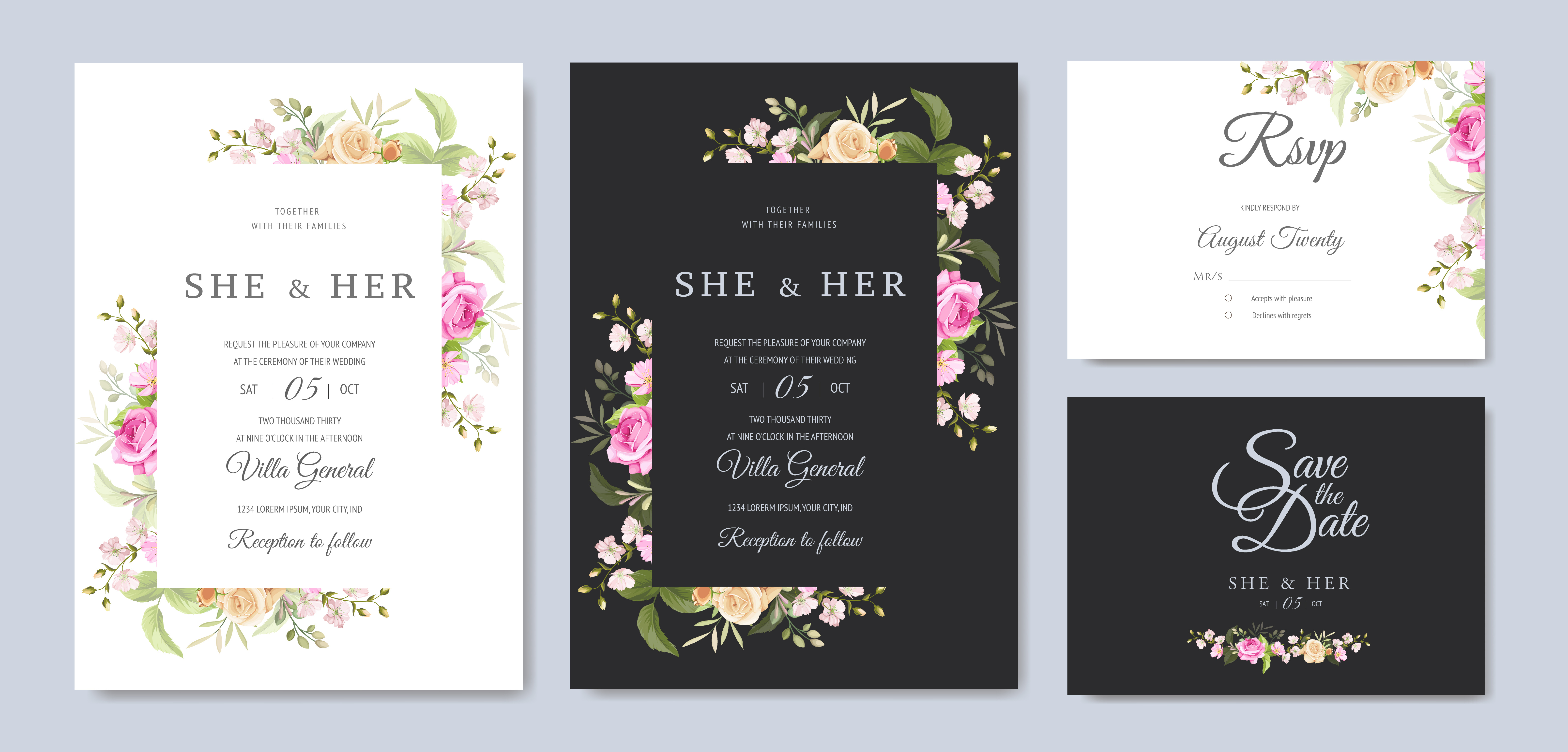 Wedding Invitation Card With Beautiful Flowers And Leaves By