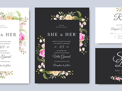 wedding invitation card with beautiful flowers and leaves