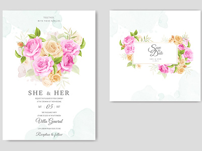 wedding invitation card with beautiful flowers and leaves