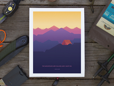 Mountains Are Calling Poster backapcking camping design illustration john muir mountains poster quote skyline tent vector