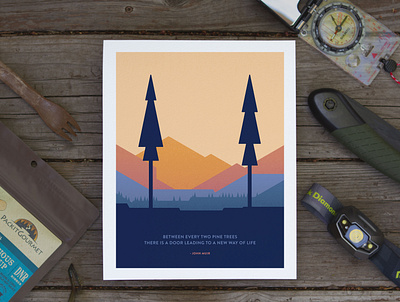 Between Two Pines backpacking camping design illustration john muir mountains poster quote trees vector